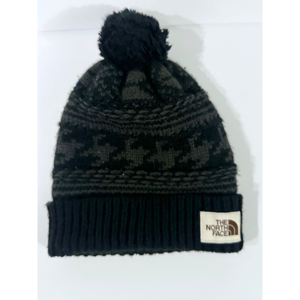 The North Face Antlers Beanie Black and Dark Heather Grey Pom